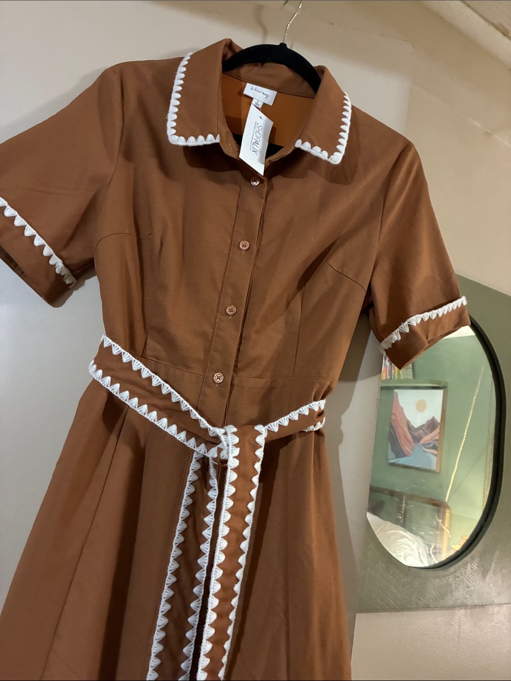 NEW! Vintage-Style Brown Shirtwaist Dress with White Trim